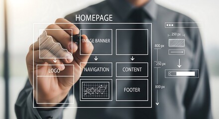 Man designs website layout, sketching homepage interface elements.