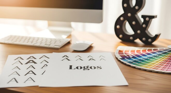 Graphic designer's workspace showcasing logo design sketches and color palette.