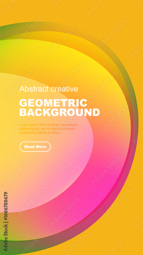 Poster bright abstract design features overlapping colorful shapes. text present, button visible. modern, d