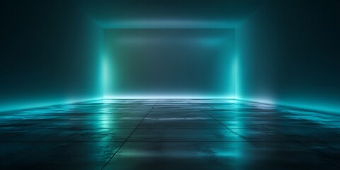 Futuristic neon tunnel with glowing blue and green lights