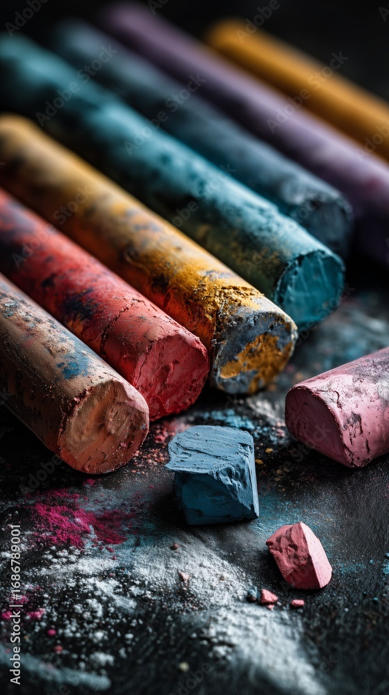 Poster vibrant chalk pastels arranged on a dark surface create an artistic display of color and texture.