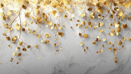 Golden ginkgo leaves cascade elegantly over a textured, light gray stone backdrop, creating a sophisticated and delicate design.