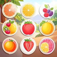 Nine vibrant fruit stickers on a nature backdrop