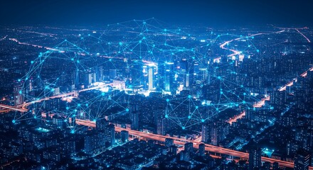 Aerial view of a city at night, overlaid with a digital network.