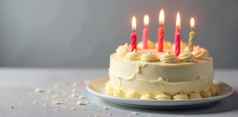 Fluffy vanilla cake with brightly colored candles , pastry, sweet