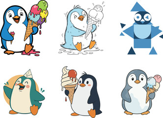 Cute cartoon penguins eating ice cream, kawaii style vector art, summer dessert animals, playful illustration for children, stickers, and nursery decor