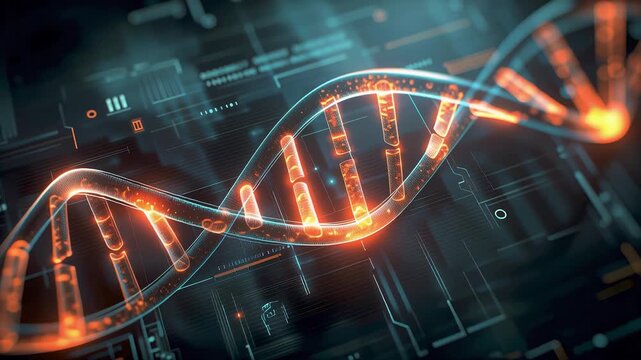 Glowing DNA double helix structure in futuristic digital background