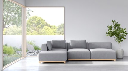 A contemporary living room with a minimalist gray sofa and clean, spacious design.