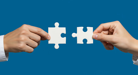 Two hands carefully bringing together two white jigsaw puzzle pieces, symbolizing connection, completion, and problem-solving against a vibrant blue background