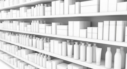 Rows of white generic product packaging displayed on shelves, including boxes, bottles, and tubes.