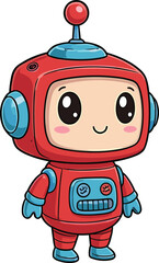 Cute friendly cartoon robot character with red and blue design, cheerful face, playful technology mascot for children’s educational vector illustration