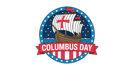 Columbus Day emblem with sailing ship, red cross, starry sky, ocean waves, and patriotic American flag elements in circular badge design