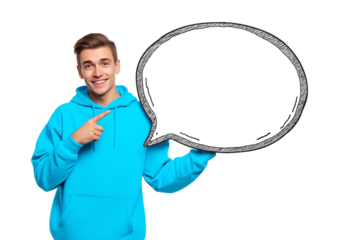 A cheerful young man in a vibrant blue hoodie happily points towards a large, empty speech bubble, perfect for adding your custom text or ideas isolated on a transparent background