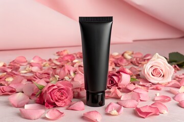 Luxury Black Cosmetic Tube Packaging - Rose Petal Beauty Product Mockup