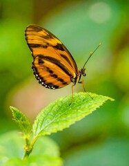 Obraz premium Orange butterfly on vibrant green leaf