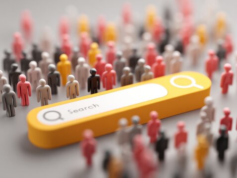 Crowd of miniature figures surrounding a large search bar representation
