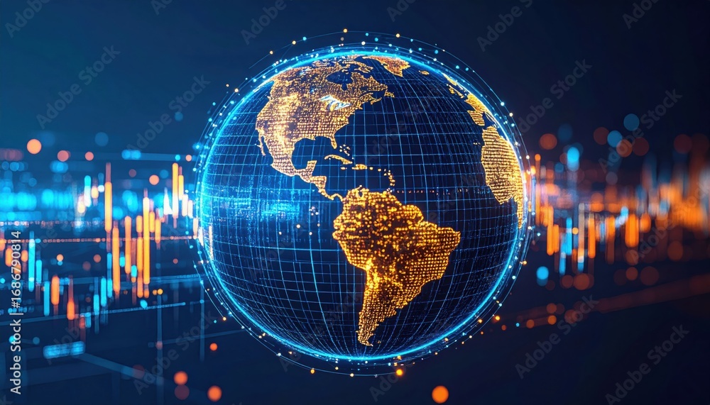 Poster a digital illustration of a glowing globe with data visualizations, representing global connectivity