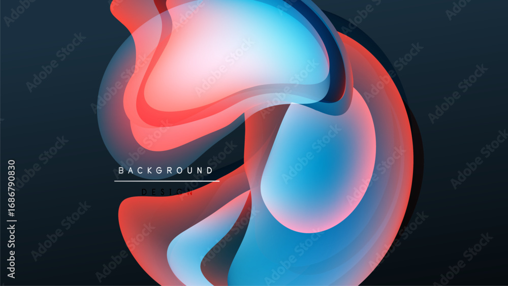 Poster abstract fluid shapes overlap, creating vibrant red, blue gradients. dark background emphasizes flow