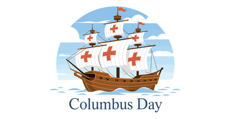 Historic Columbus Day illustration featuring sailing ship with red cross sails, festive flags, and ocean waves under a partly cloudy sky
