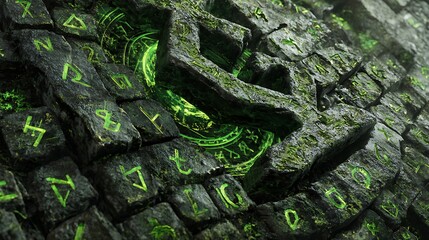 Stone-textured interface with emerald green runes and digital energy symbols
