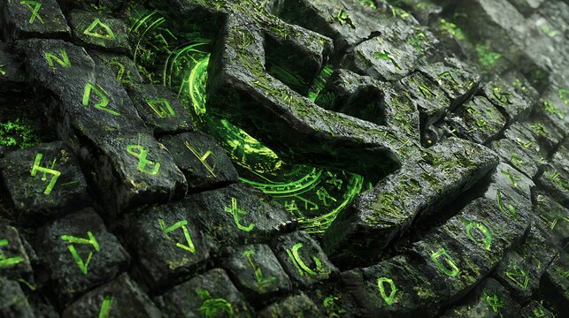Stone-textured interface with emerald green runes and digital energy symbols