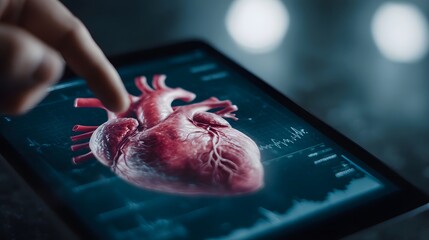 Finger touching a futuristic tablet displaying a detailed 3D human heart model visualizing medical data and healthcare