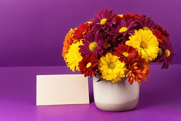 Vibrant Autumn Chrysanthemum Bouquet -  Purple Background, Blank Card, Floral Arrangement