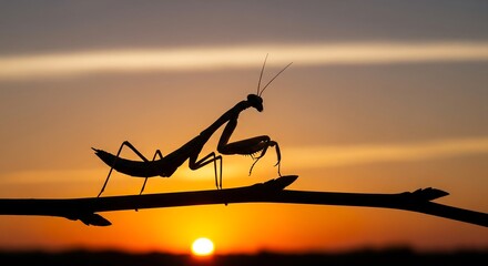 Silhouette of a Praying Mantis on a Branch at Sunset, with a Warm Orange Glow