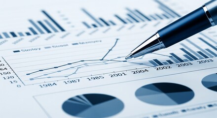 Close-up of a pen pointing to a graph and charts on financial documents.
