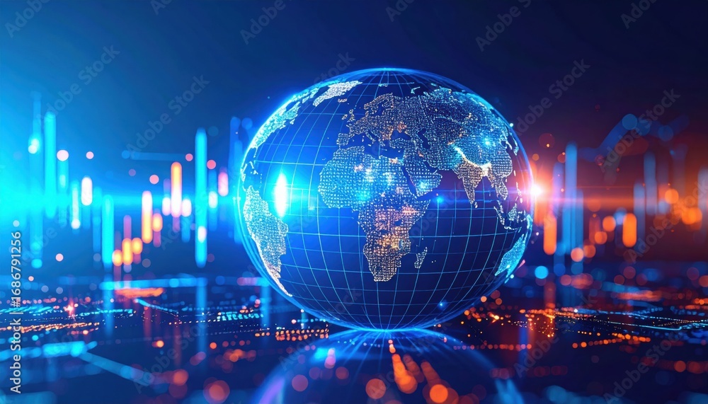 Poster a digital globe illuminated with data visualization elements, highlighting global connectivity and a