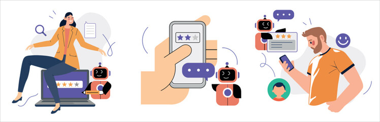 Feedback with AI assistance. Characters give review, rate service, leave stars and comments using artificial intelligence.