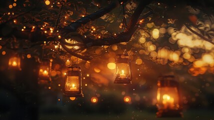 Rustic lanterns hanging from tree branches glow with warm candlelight