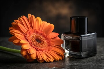 Vibrant Orange Gerbera Daisy and Exquisite Perfume Bottle - A Still Life Photography Masterpiece. 