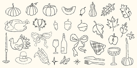 Hand drawn whimsical Friendsgiving dinner doodle set with bows and festive autumn icons. Cozy Thanksgiving celebration and fall harvest gathering concept. Flat vector illustration isolated.
