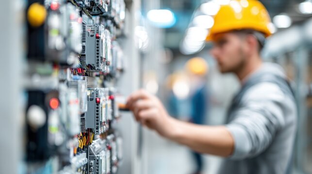 Engineer in medium shot performing voltage checks on microgrid switchgear focused with blurred control room and supporting staff in the background for depth.