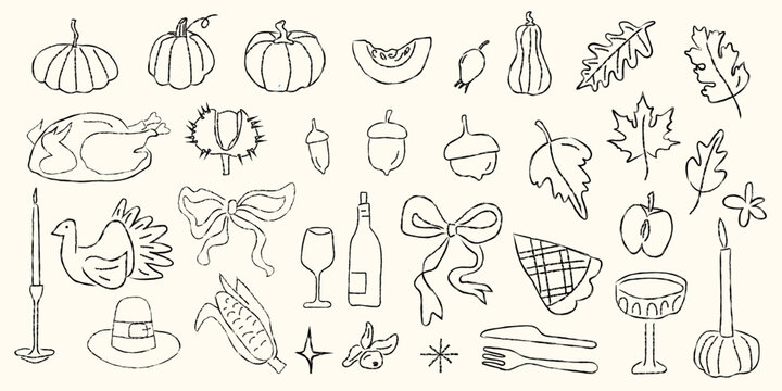 Hand drawn whimsical Friendsgiving dinner doodle set with bows and festive autumn icons. Cozy Thanksgiving celebration and fall harvest gathering concept. Flat vector illustration isolated.