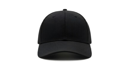 Front view of a plain black baseball cap against a white background.