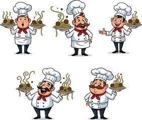 Five cartoon chefs holding plates of hot spaghetti with meatballs, cute cooking vector illustration for Italian cuisine, restaurant, and food design