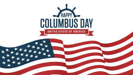 Happy Columbus Day graphic with ship wheel, red ribbon, and stylized American flag for patriotic celebration and national commemoration