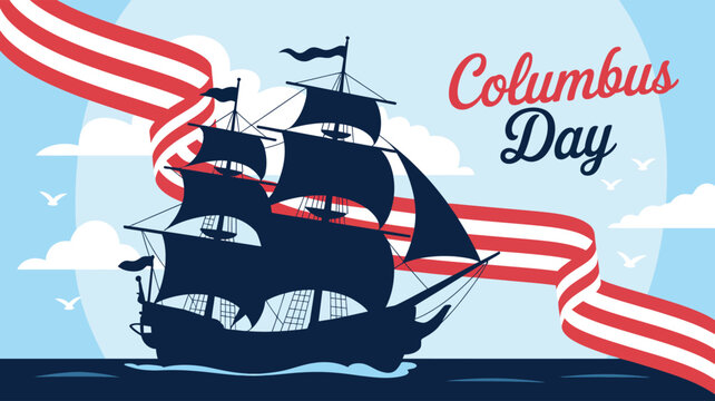 Columbus Day illustration with sailing ship, ribbon, birds, waves, and decorative typography on light blue background for patriotic themes