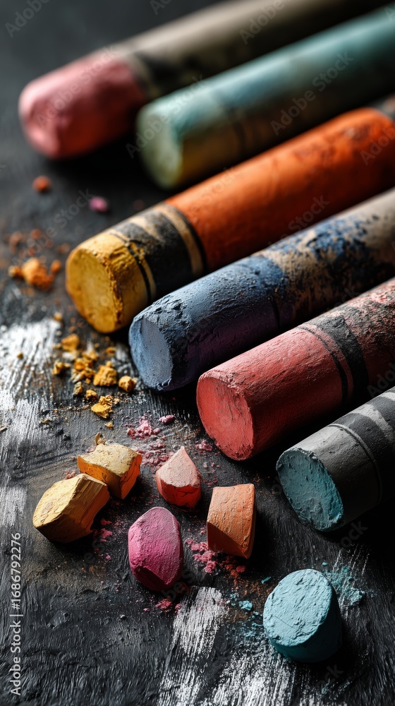 Poster vibrant chalk pastels arranged on a dark surface create an artistic display of color and texture