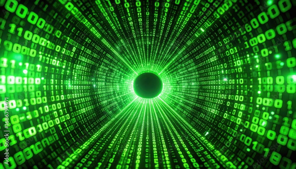 Poster a vibrant green digital tunnel filled with binary code, creating a futuristic and immersive atmosphe
