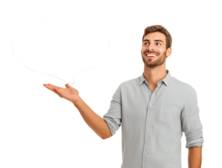 A cheerful young man confidently holds an empty speech bubble, ready for personalized text or ideas. isolated on a transparent background