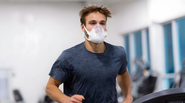 Young man running on treadmill wearing a sports training mask in a gym