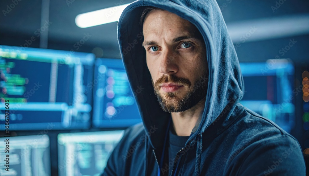 Poster a focused individual in a hoodie stares intently at multiple screens displaying code, embodying a te