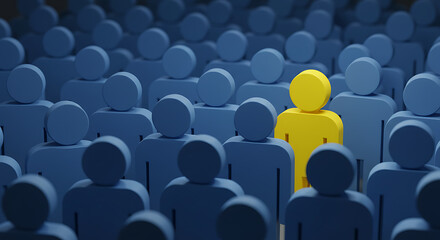 Standing out from the crowd a single yellow figure distinguished from a sea of blue figures in a collective, illustrating individuality and uniqueness in a group