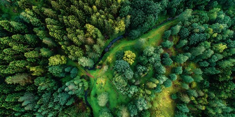 Aerial view of a lush green forest path
