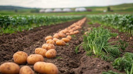A sprawling field of potatoes, carrots, and onions,  on blurred background