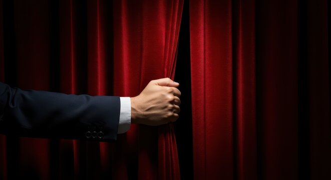 Theatrical Unveiling: A poised hand pulls back the rich, crimson curtain, inviting the audience into a world of artistry and drama. The composition is striking and dramatic. 