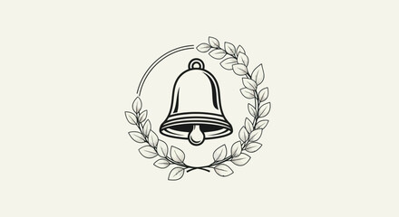 Vintage style bell illustration inside a circular leaf border.